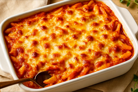 Creamy baked pasta in a white dish topped with golden-browned Parmesan, ready to serve – made with Shawhan Farms Tuscan Black Garlic Parmesan topper