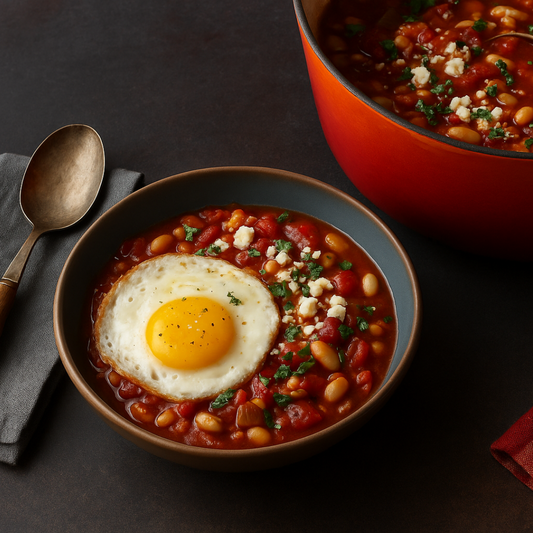 Dutch oven bean and tomato stew with mole, served in white bowls with tortillas and toppings