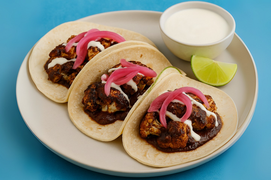 Charred cauliflower tacos with mole sauce in corn tortillas, topped with crema and pickled onions