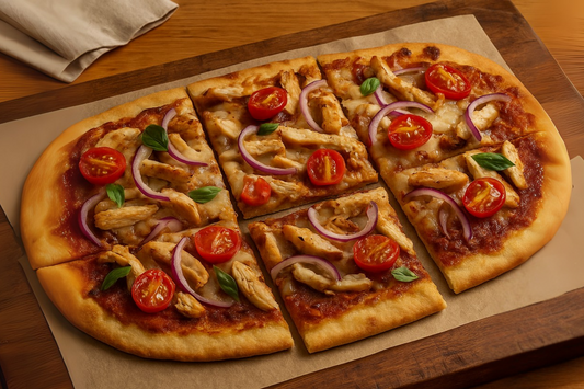 Flatbread pizza topped with grilled chicken, melted cheese, red onion, and cherry tomatoes on a rustic board