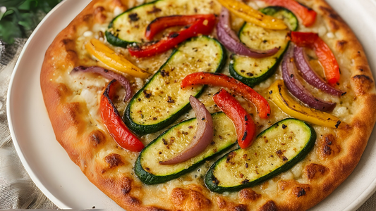Grilled veggie flatbread with zucchini, red onion, and bell peppers on a ceramic plate