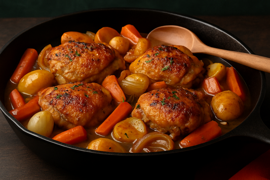 Braised chicken thighs in skillet with golden lemon slices and herbs, styled for a rustic dinner setting