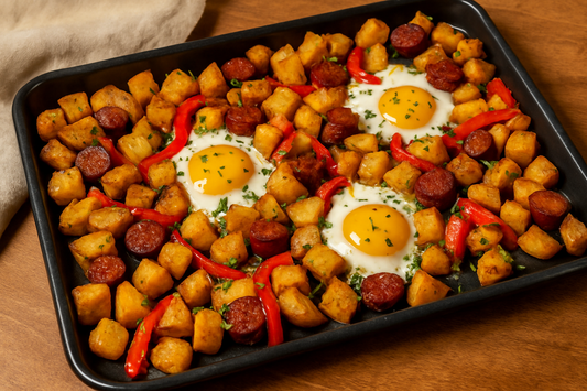 Sheet pan filled with roasted potatoes, sausage, red peppers, and eggs seasoned with Shawhan Farms Traditional Chorizo Seasoning