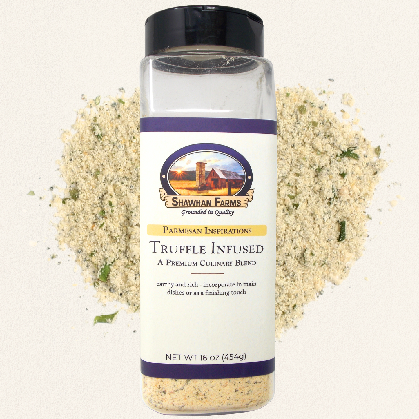 16 oz bottle of Shawhan Farms Truffle Infused Parmesan Seasoning blend. A pile of off white seasoning with herbs behind it.