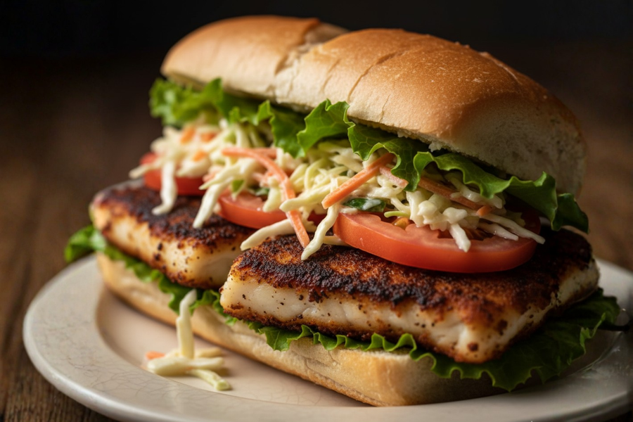 Blackened fish po' boy sandwich