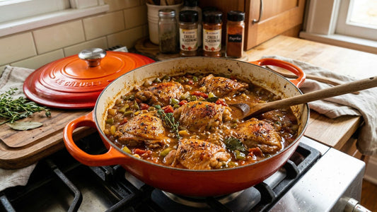 Braised chicken with veggies, fresh herbs cooking on the stove top
