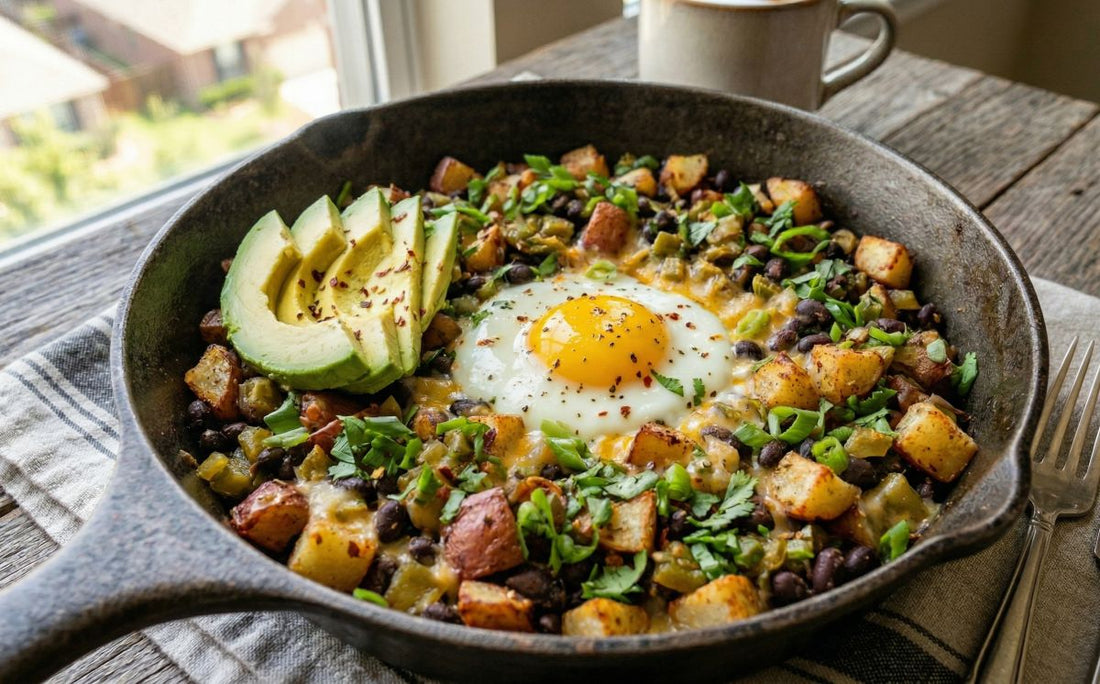 Potatos, greens, avocado, egg in a skillet. 