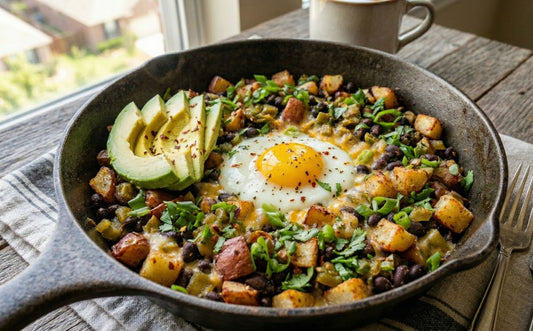 Potatos, greens, avocado, egg in a skillet. 