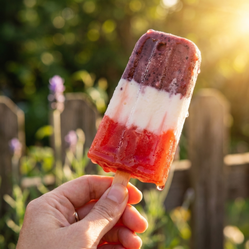 Strawberry, Greek Yogurt, & Blueberry Popsicle in the sun