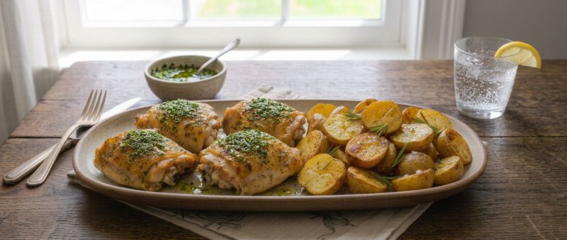 Chicken Thighs with chimichurri on top with roasted yukon gold potatos to the side with a glass of water, 