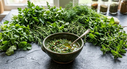 Fresh herbs surrounding a bowl of chimichurri on the kitchen counter