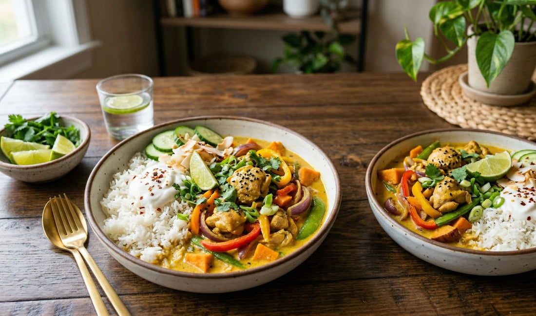 Yellow curry in a bowl with veggies, chicken and rice on the kitchen table. 