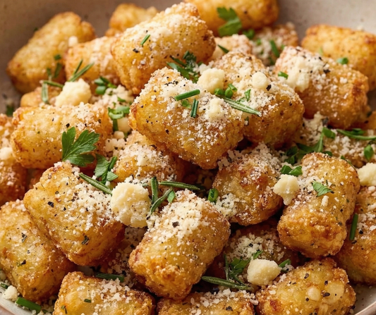 Parmesan Cheese and greens over tater tots. 
