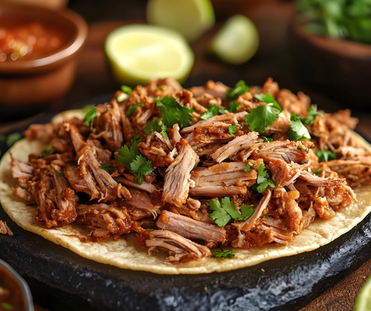 Meat on a flat tortilla with seasoning and cilantro
