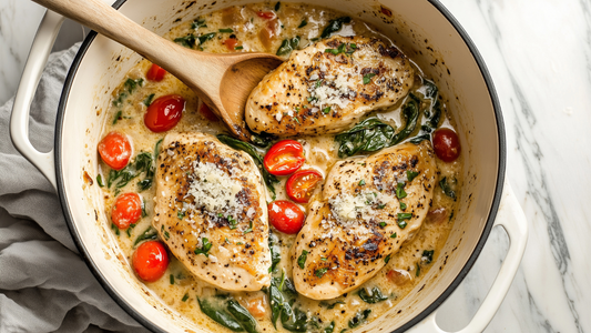 chicken in a cast iron pot with creamy sauce, spinach, herbs, and tomato