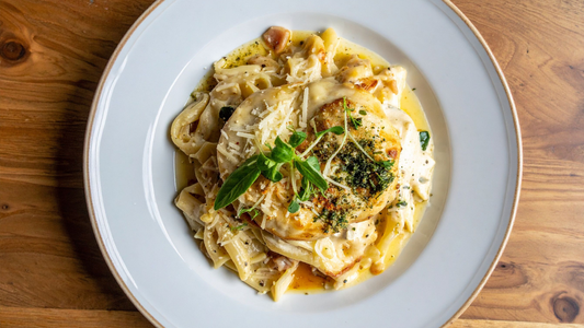 plate of the viral marry-me chicken. Creamy white sauce with parmesan and herbs over chicken on a bed of pasta. 