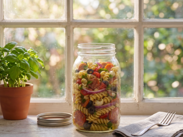 Pasta salad with tomato, olive, peppers and pasta in a mason jar