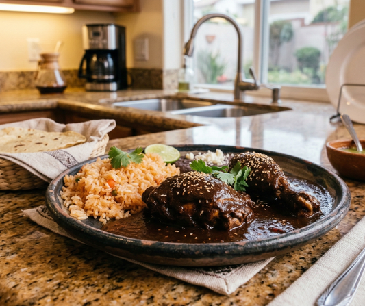 Mole chicken with rice on plate on the kitchen counter. 