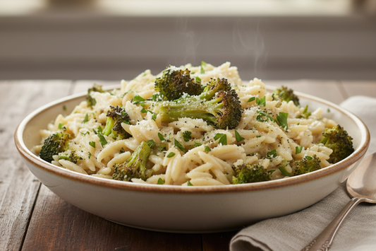 Bowl of creamy orzo with roasted broccoli on a table, ready to serve for a quick weeknight dinner or side.