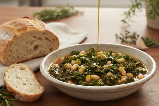 Bowl of brothy beans and greens with olive oil drizzle and crusty bread on the side.
