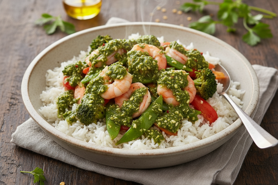 Bowl of shrimp and vegetables over rice drizzled with chimichurri sauce.