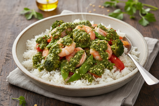 Bowl of shrimp and vegetables over rice drizzled with chimichurri sauce.