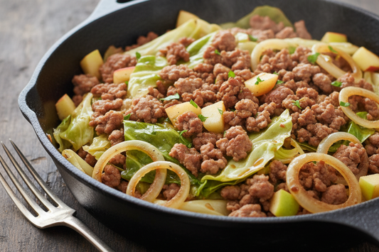Skillet of browned ground pork with wilted green cabbage and onions, finished with apple and a light gloss, overhead view.