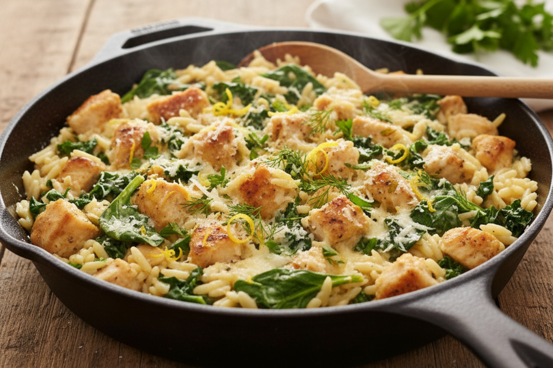 Skillet of lemon herb chicken orzo with wilted greens and lemon zest, finished with Parmesan, overhead view in warm kitchen light.