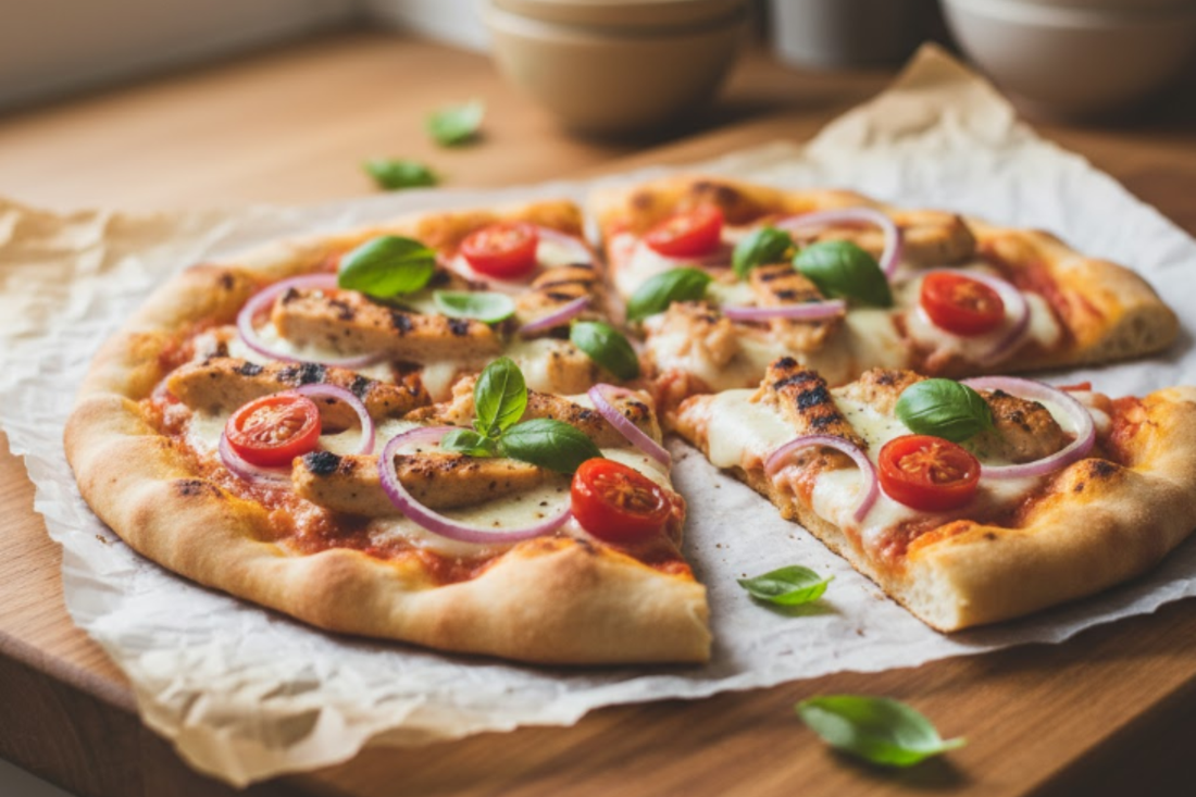 Tomato, veggie pizza on parchment paper on a cutting board.