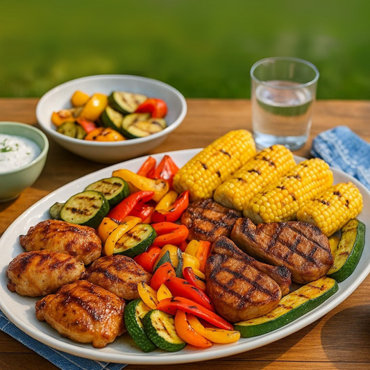 Grilled chicken, vegetables, and sauces on a summer table – Shawhan Farms summer batch cooking
