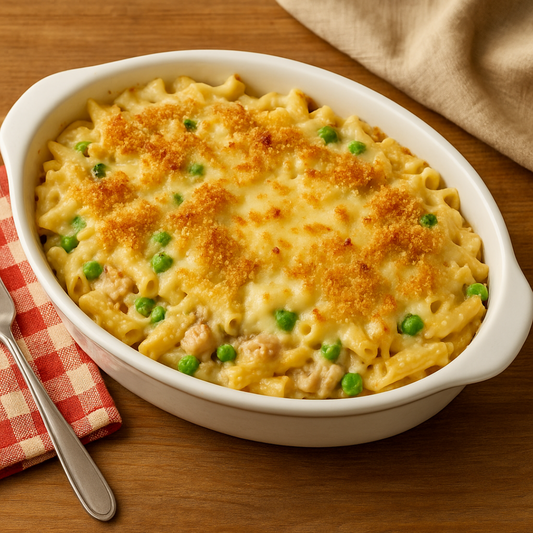 Nostalgic comfort food dinner plate with cheesy chicken and roasted veggies, warm tones and rustic tableware