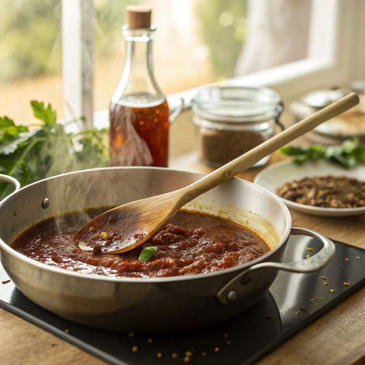 Close-up of a shallow saucepan on a stovetop with oil gently warming and spices blooming into an early-stage sauce base, a wooden spoon resting in the pan under soft natural light.