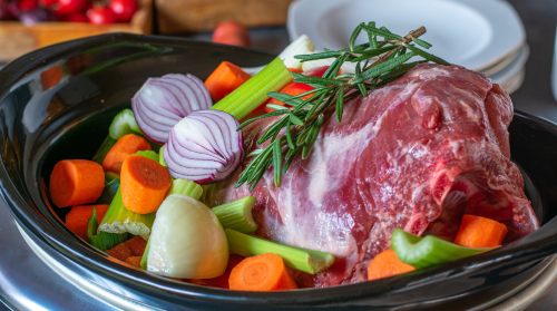 Raw Meat, Shallot, onion, carrot & celery in a slow cooker