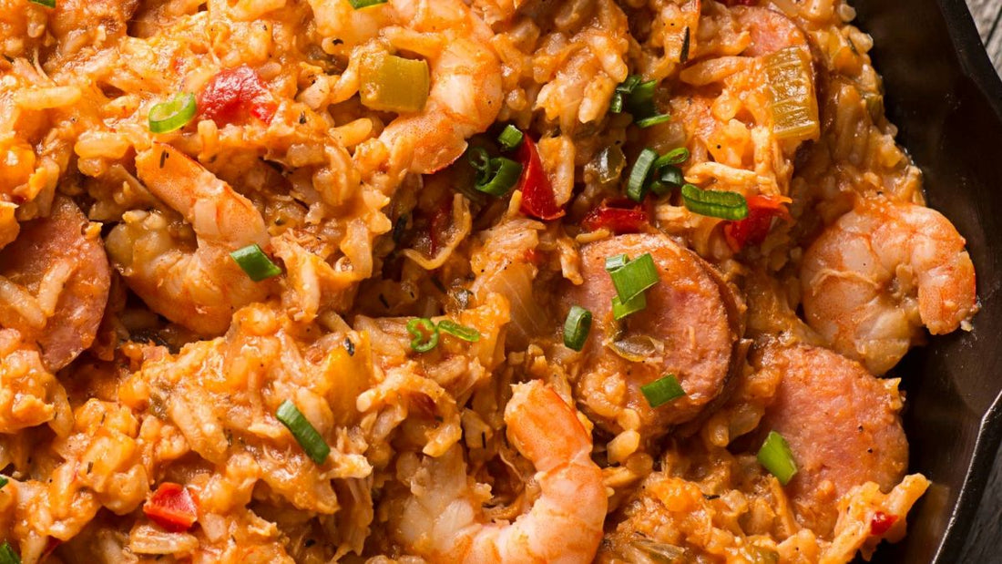 rice, shrimp, sausage, greens, peppers, all in a one skillet.