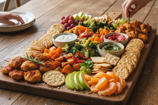 A charcuterie board of crackers, avocado, chicken, fruits, peppers