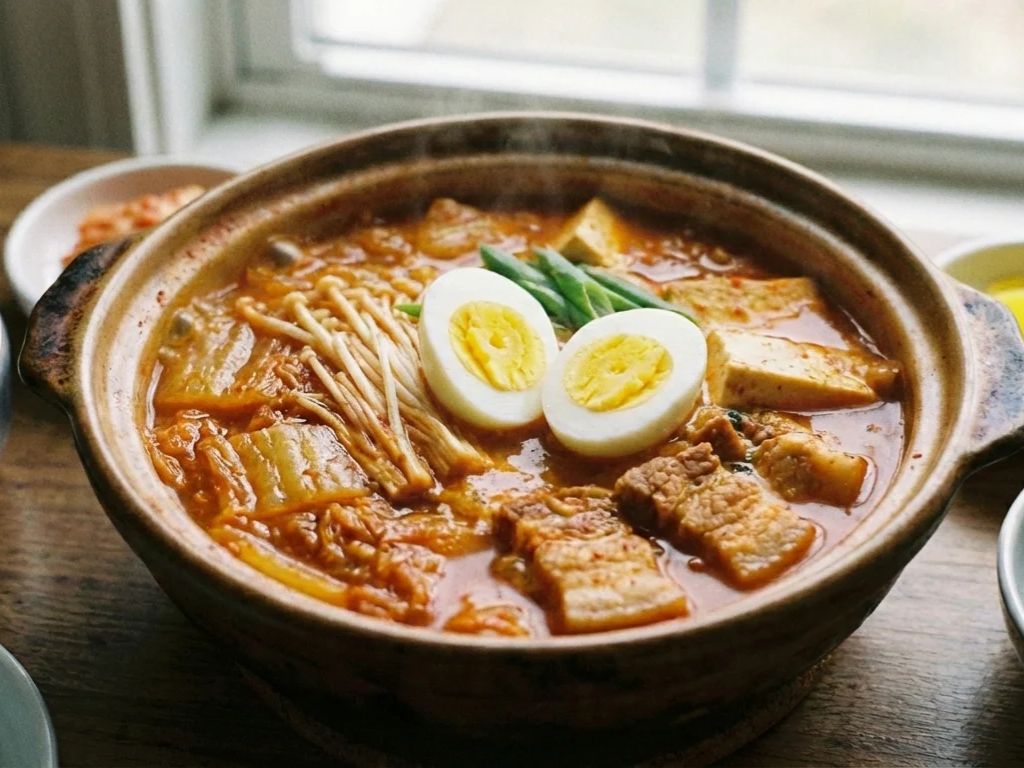 Bowl of homemade kimchi soup with tofu, boiled egg, green onion and pork belly. .