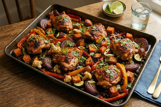Chicken, vegetables, onions on a sheetpan