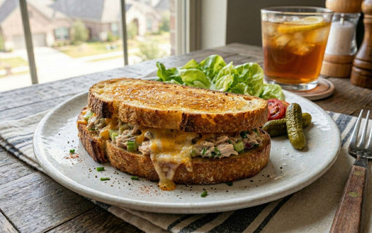 Tunafish in a toasted sandwich with cheese, lettuce and mini pickles on the side. 