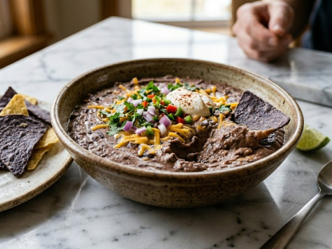 Black Bean dip with cheese, herbs sour cream and onion with chips on the side
