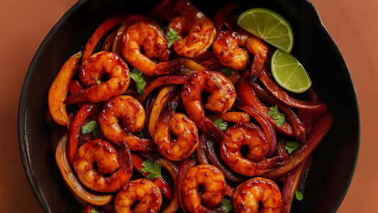 Grilled spicy shrimp on skewers with fresh herbs