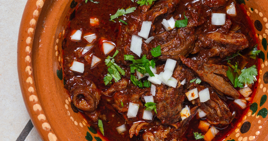 Birria in a terracotta bowl with onion and cilantro