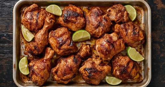 Roasted chicken thighs on a sheet pan with lime wedges