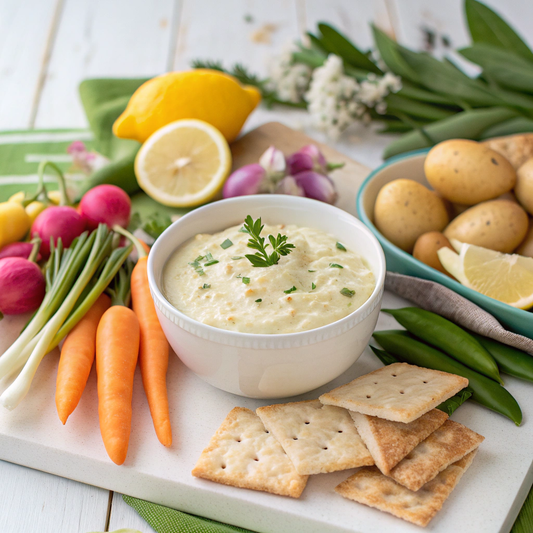 Crackers on a plate next to a bowl of dip, raw carrot, radish, lemon and green onion