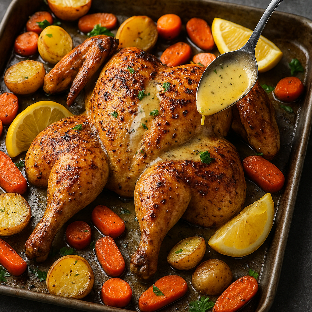 Golden roast chicken topped with crisp parmesan breadcrumbs in a white baking dish.