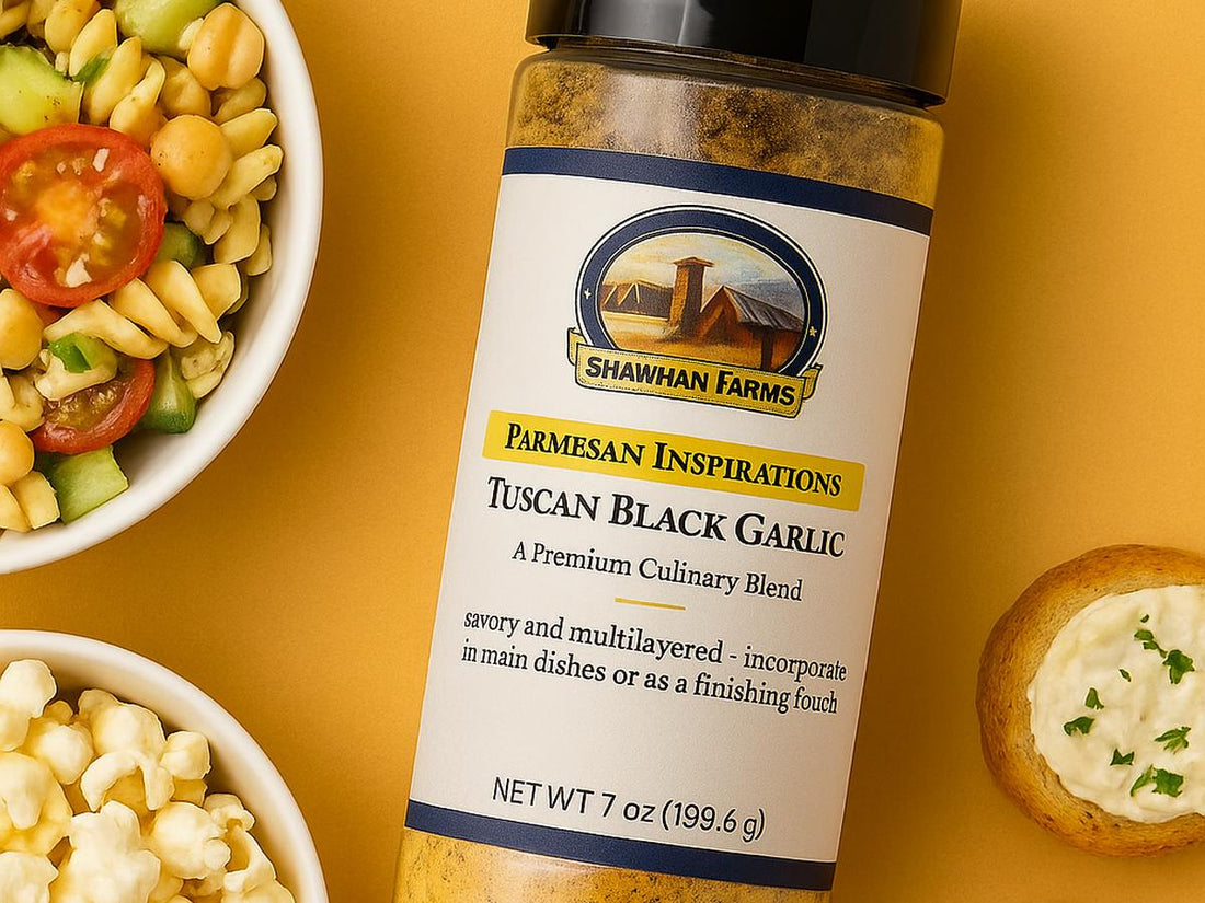 Shawhan Farms Tuscan Black Garlic Parmesan Seasoning with popcorn, pasta, and creamy dip on a summer table