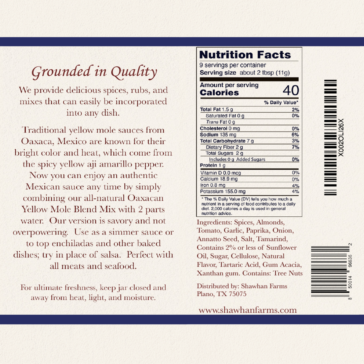 Nutrition Facts Label for Oaxacan Yellow Mole Blend. 