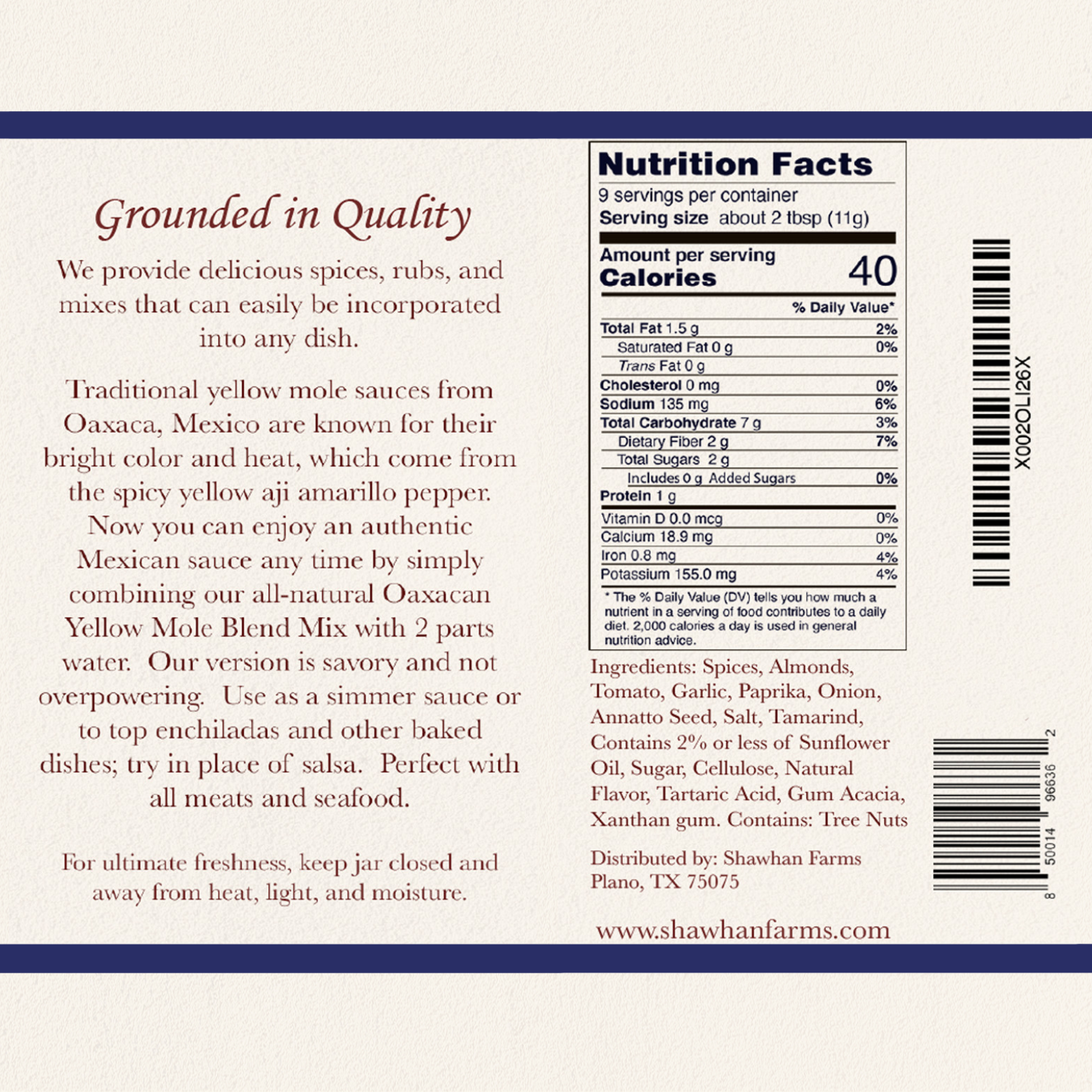 Nutrition Facts Label for Oaxacan Yellow Mole Blend. 